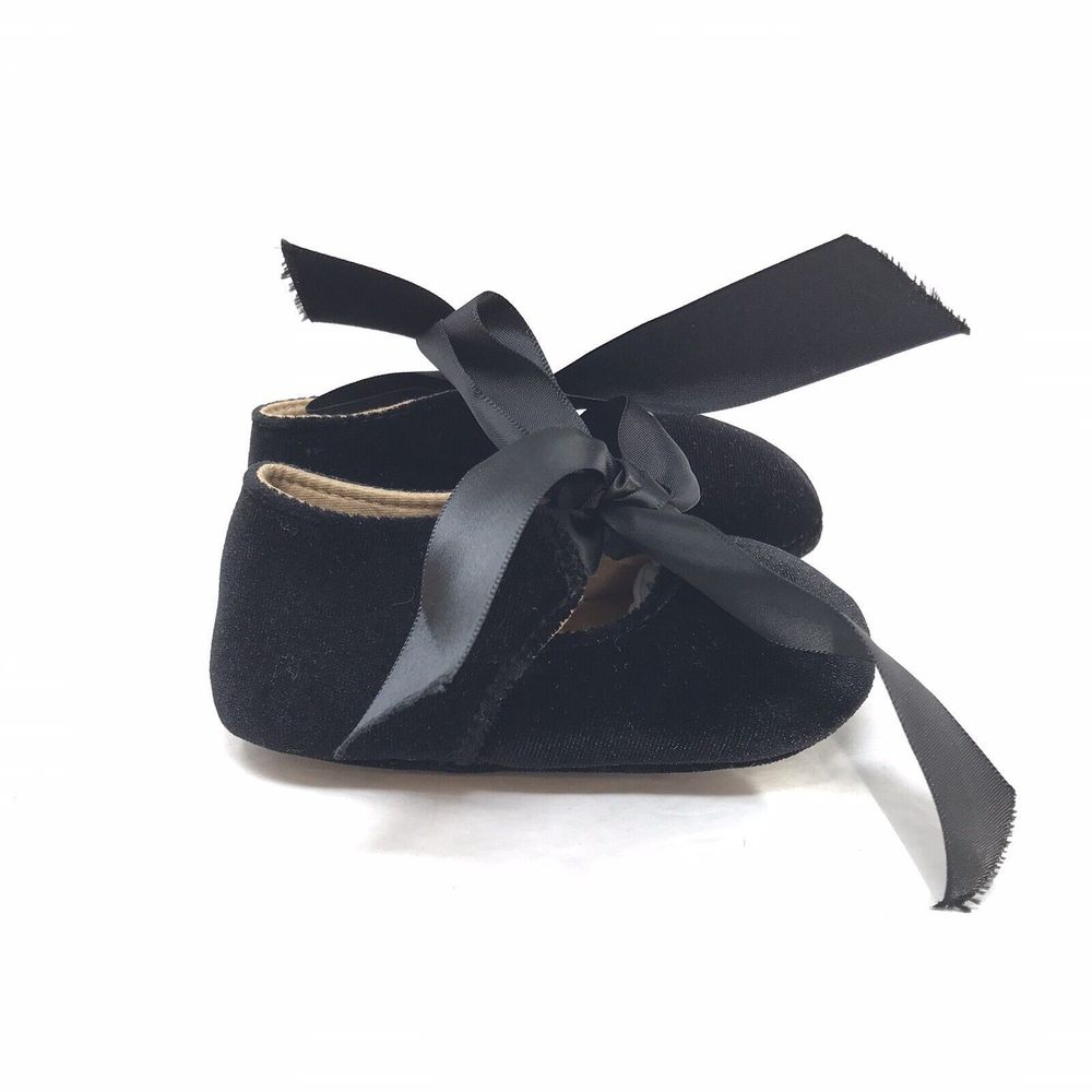 Mary Jane Black Velvet Moccasin Baby Shoes with Satin Ribbon